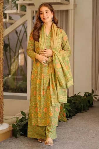 Floral printed pure cotton kurta trouser dupatta set for women