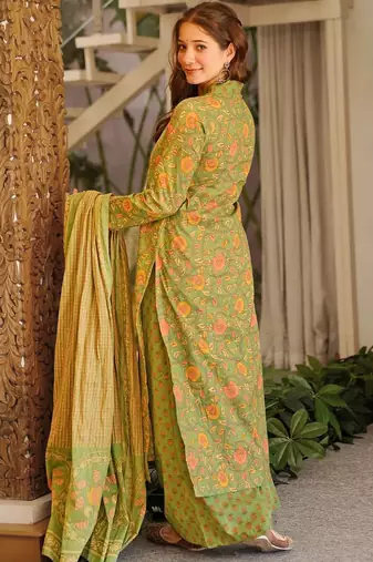 Floral printed pure cotton kurta trouser dupatta set for women
