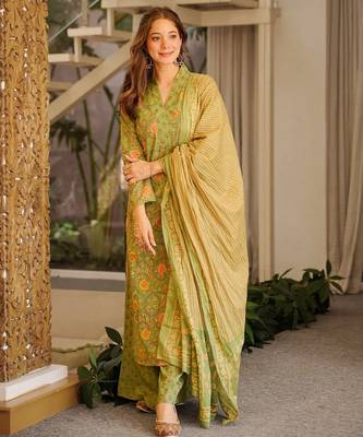Floral printed pure cotton kurta trouser dupatta set for women 3