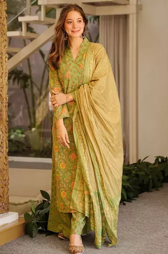 Floral printed pure cotton kurta trouser dupatta set for women
