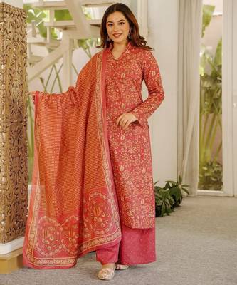 Floral printed pure cotton kurta trouser dupatta set for women 1