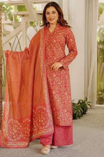 Floral printed pure cotton kurta trouser dupatta set for women