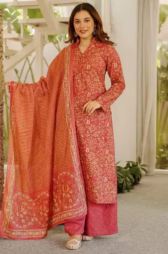 Floral printed pure cotton kurta trouser dupatta set for women