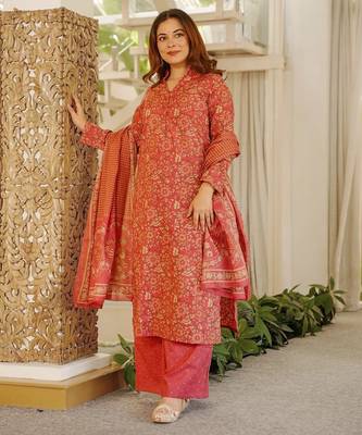 Floral printed pure cotton kurta trouser dupatta set for women 3