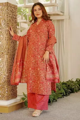 Floral printed pure cotton kurta trouser dupatta set for women