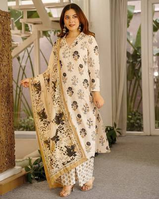 Floral printed pure cotton kurta trouser dupatta set for women 1