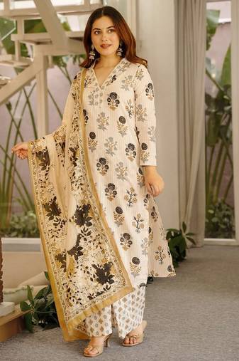 Floral printed pure cotton kurta trouser dupatta set for women