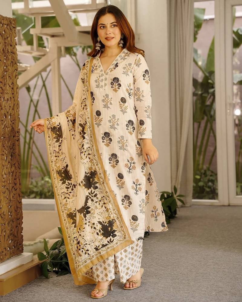Floral printed pure cotton kurta trouser dupatta set for women