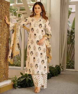 Floral printed pure cotton kurta trouser dupatta set for women 3