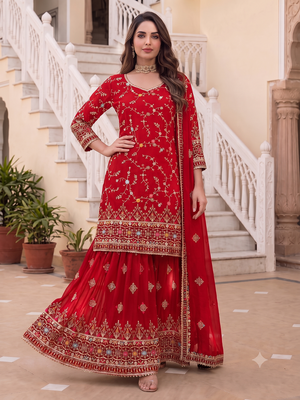 Designer red georgette sharara suit set 1