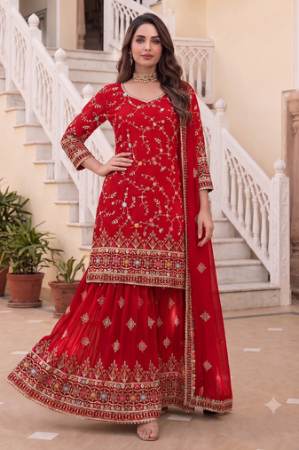 Designer red georgette sharara suit set