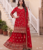 Designer red georgette sharara suit set