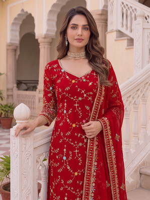 Designer red georgette sharara suit set 2