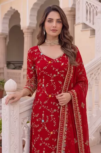 Designer red georgette sharara suit set