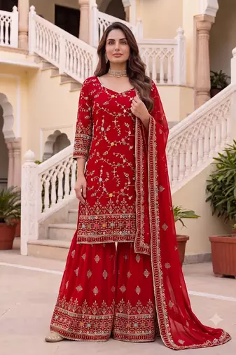 Designer red georgette sharara suit set