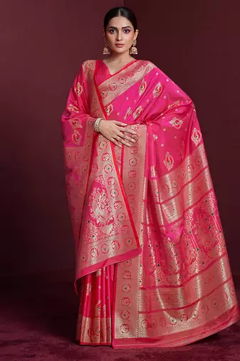 rani pink banarasi soft silk blend saree with dupatta