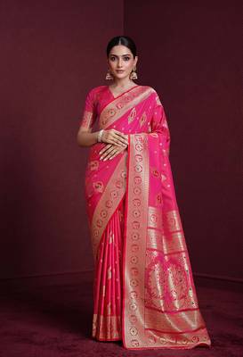 rani pink banarasi soft silk blend saree with dupatta 2