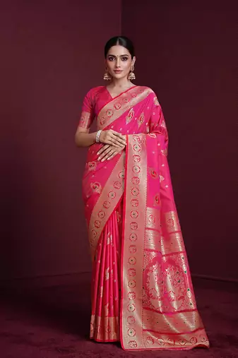 rani pink banarasi soft silk blend saree with dupatta