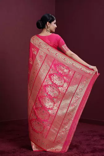 rani pink banarasi soft silk blend saree with dupatta