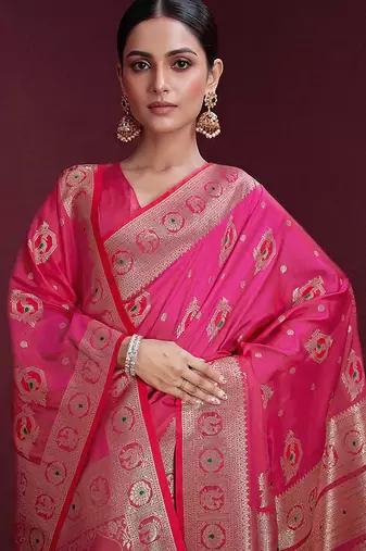 rani pink banarasi soft silk blend saree with dupatta
