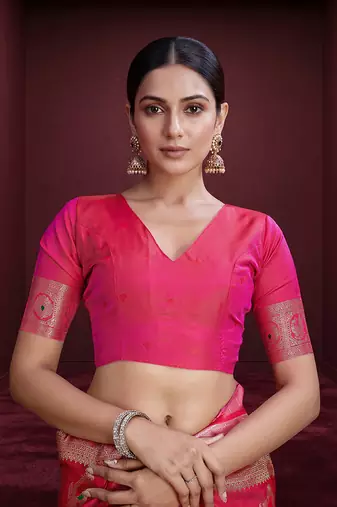 rani pink banarasi soft silk blend saree with dupatta