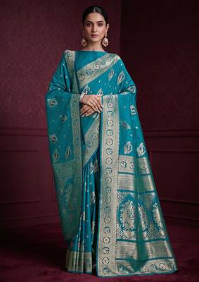 cyan banarasi soft silk blend saree with dupatta 1