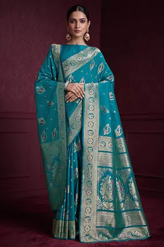 cyan banarasi soft silk blend saree with dupatta