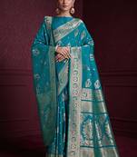 cyan banarasi soft silk blend saree with dupatta