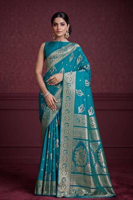 cyan banarasi soft silk blend saree with dupatta 2