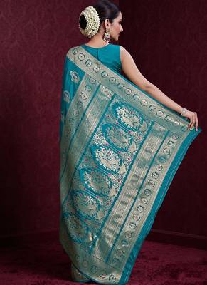 cyan banarasi soft silk blend saree with dupatta 3