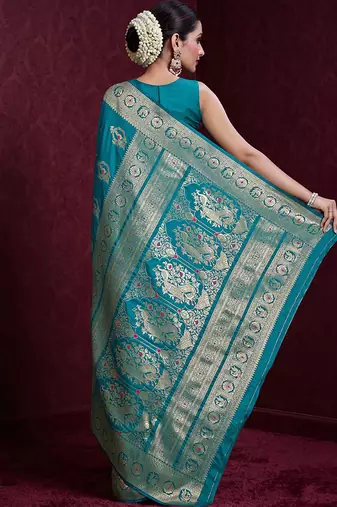 cyan banarasi soft silk blend saree with dupatta
