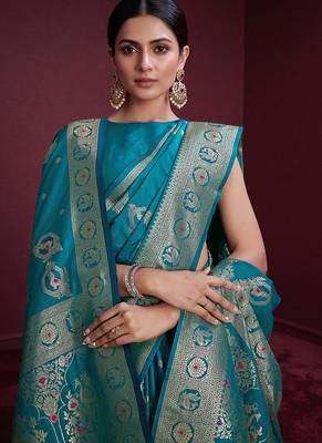 cyan banarasi soft silk blend saree with dupatta 4