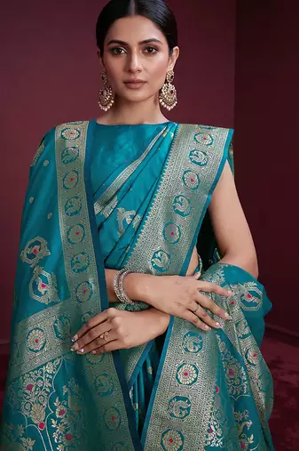 cyan banarasi soft silk blend saree with dupatta