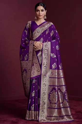 purple banarasi soft silk blend saree with dupatta