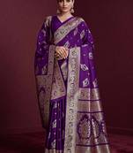 purple banarasi soft silk blend saree with dupatta