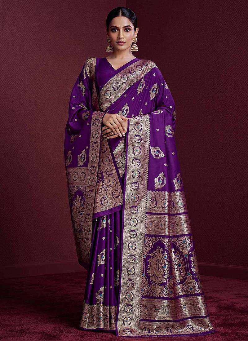 purple banarasi soft silk blend saree with dupatta