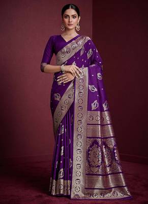 purple banarasi soft silk blend saree with dupatta 2