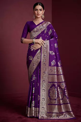 purple banarasi soft silk blend saree with dupatta