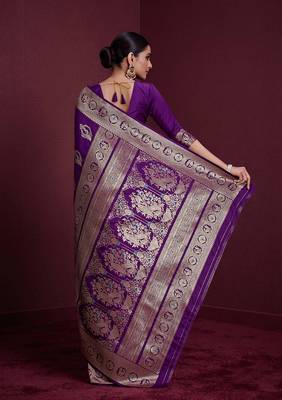 purple banarasi soft silk blend saree with dupatta 3