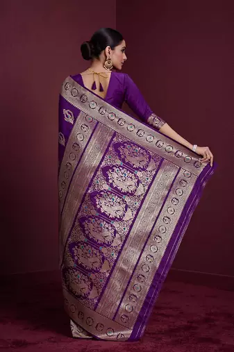 purple banarasi soft silk blend saree with dupatta
