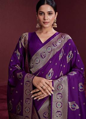 purple banarasi soft silk blend saree with dupatta 4
