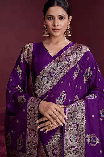 purple banarasi soft silk blend saree with dupatta