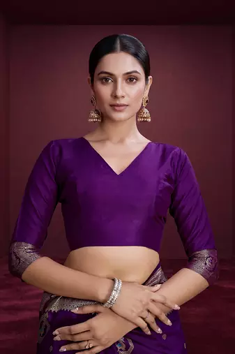 purple banarasi soft silk blend saree with dupatta