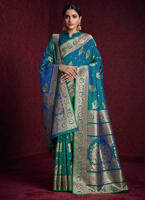 teal banarasi soft silk blend saree with dupatta 1