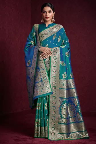 teal banarasi soft silk blend saree with dupatta