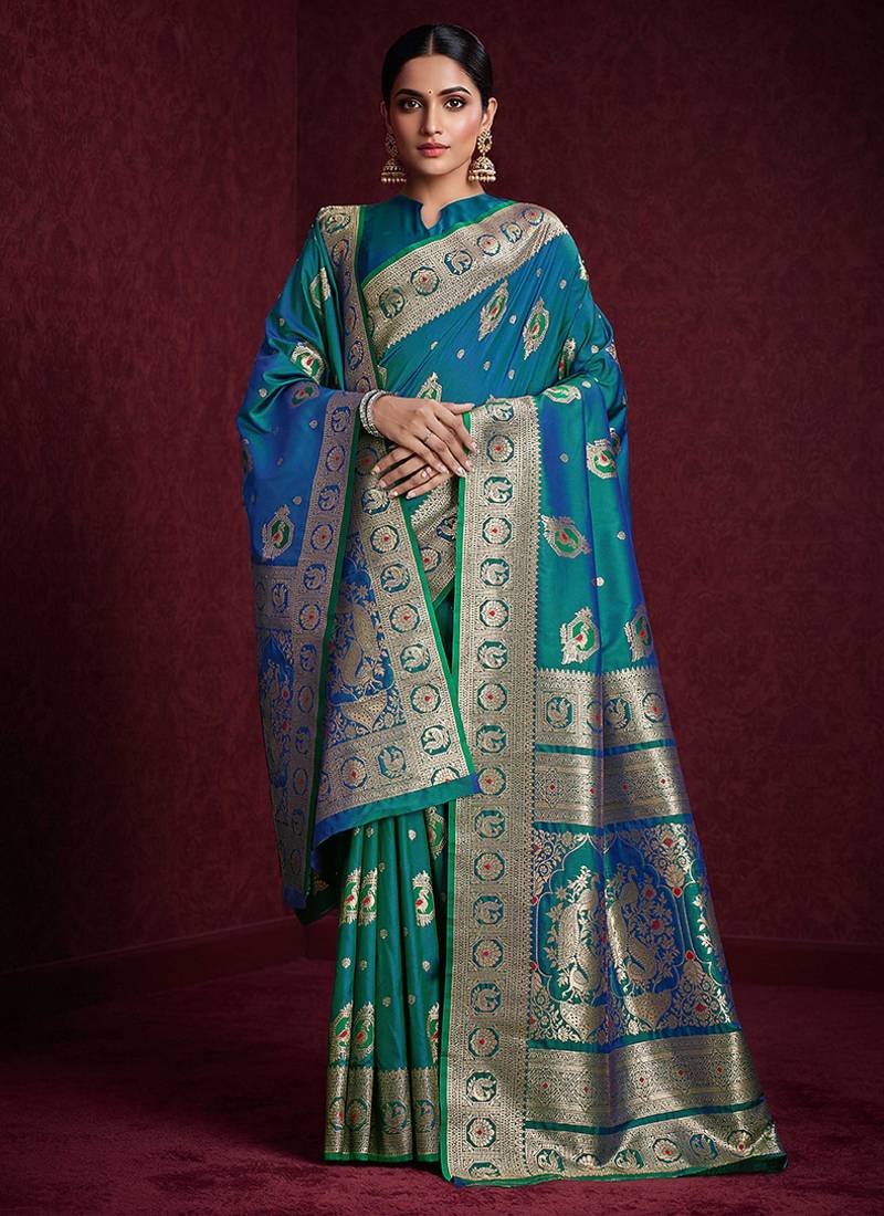 teal banarasi soft silk blend saree with dupatta