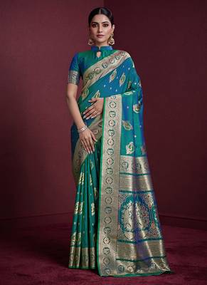 teal banarasi soft silk blend saree with dupatta 2