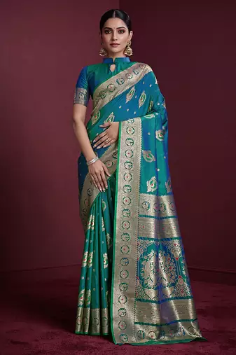 teal banarasi soft silk blend saree with dupatta