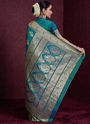 teal banarasi soft silk blend saree with dupatta 3