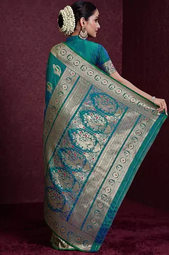 teal banarasi soft silk blend saree with dupatta